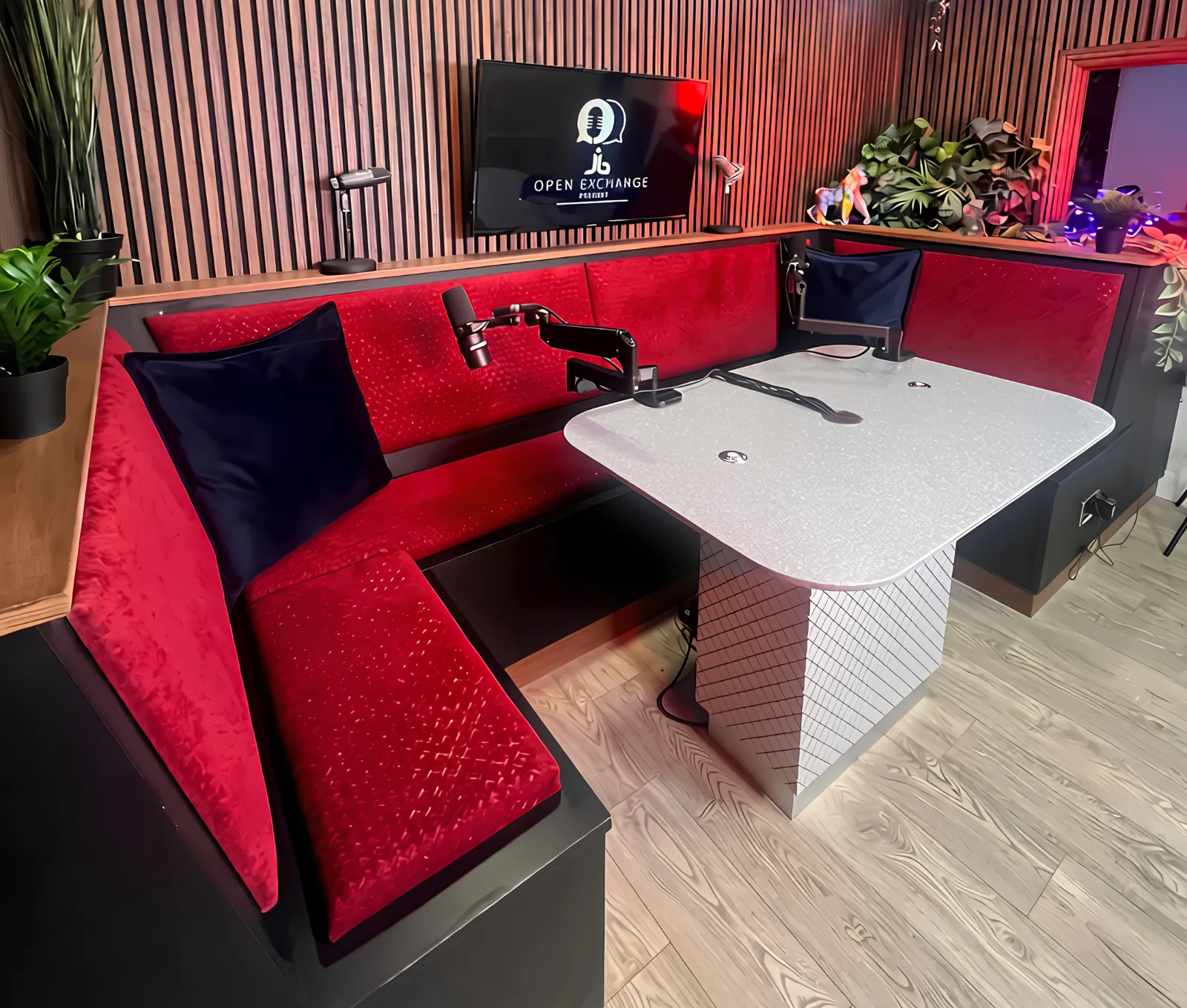 Studio 1's scarlet booth with the Open Exchange set on the branded screen