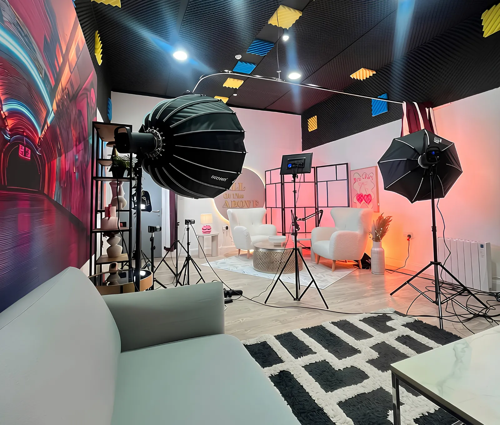 Studio 2's full floor: lighting rig, softboxes and the All Of The Above set